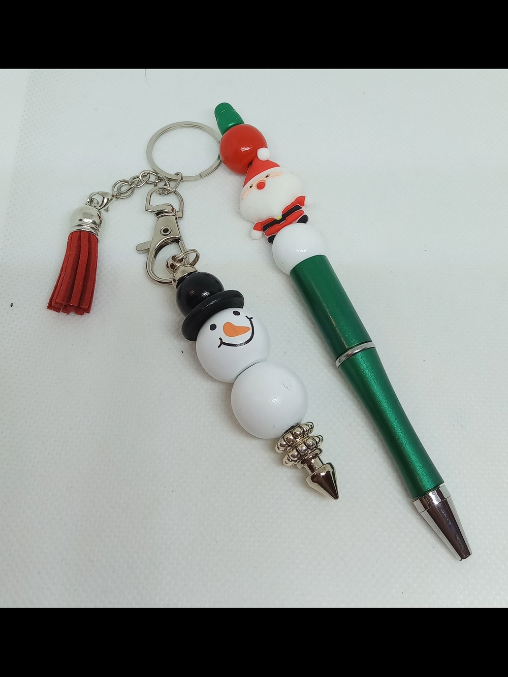 Festive Snowman Keychain/Purse Charm with Red Tassel And Beaded Holiday Pen NEW